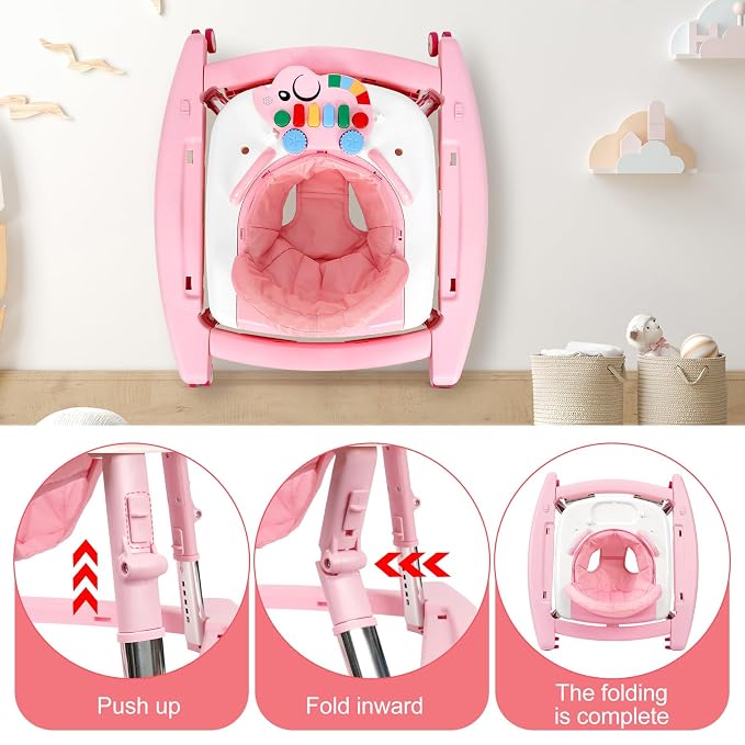 5-in-1 Baby Walker for Boys and Girls Music and Lights 6-18 Month, Foldable Baby Walkers with 5 Adjustable Heights, Infant Toddler Walker with Wheels and Combo Portable（Pink）