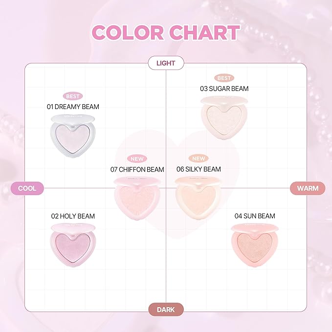 lilybyred Luv Beam Glow Veil | Korean Heart-Shaped Highlighter, Illuminating Shimmer, Radiant Glow, Silky Powder Texture, Buildable & Blendable, Lightweight & Long-Lasting, 0.11 oz. (01 Dreamy Beam)