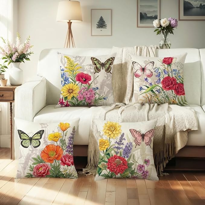 wyooxoo Throw Pillow Covers 16x16 Set of 4 Decorative Spring Pillow Covers Linen Flower Butterfly Farmhouse Pillowcases for Sofa Couch Living Room Outdoor