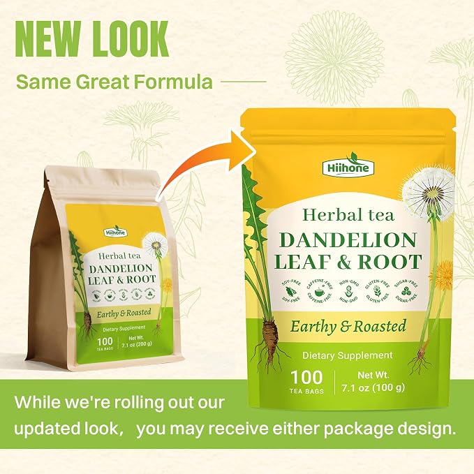 Hiihone Dandelion Root & Leaf Tea Bags 100 Count – Caffeine-Free Dandelion Herbal Tea, Supports Liver Cleanse, Detox & Digestion, Roasted Dandelion Root Tea, Natural Non-GMO