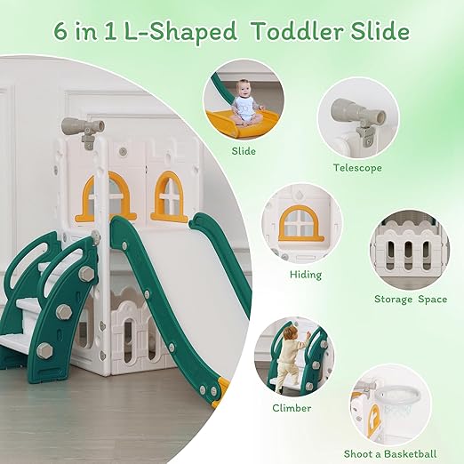6 in 1 Toddler Slide,Kids Climber Slider for Indoor Outdoor Playground with Basketball Hoop,Storage and Telescope,L Shaped Slide for Toddler Climber Playset