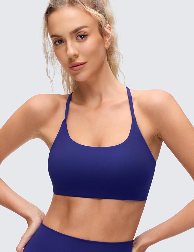 CRZ YOGA Butterluxe Twist Cross Back Sports Bras for Women - U Neck Padded Adjustable Spaghetti Straps Yoga Top