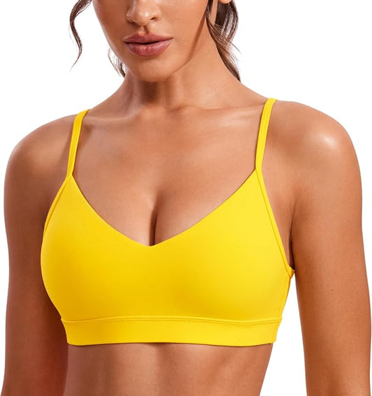CRZ YOGA Butterluxe V-Neck Sports Bras for Women - Adjustable Thin Straps Padded Yoga Top Basic Wireless Camisole
