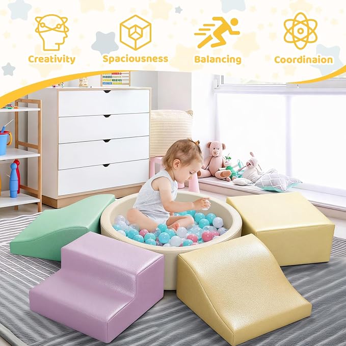 Hoohtoot Foam Climbing Blocks for Toddler: with 4-Piece PU Leather Climbing Toys and a Ball Pit - Foam Ball Pit for Toddlers - Climbing Toys Indoor for Kids Crawling (Yellow Climbing Blocks)