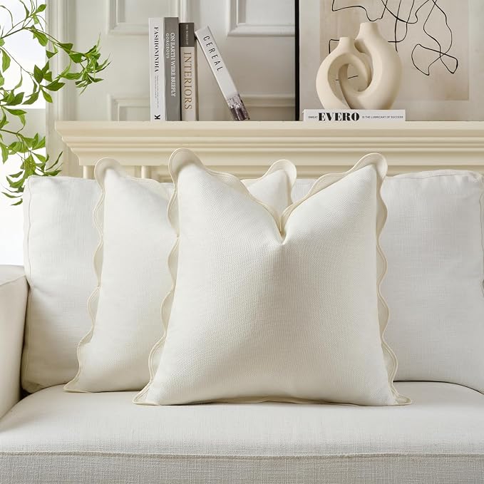 Scalloped Pillow Covers Set of 2 for Living Room | Decorative Sofa Couch Pillows | Boho Sytle Home | Aesthetic Funky Preppy Pillow Cases (Beige & White, 18x18 Inch)