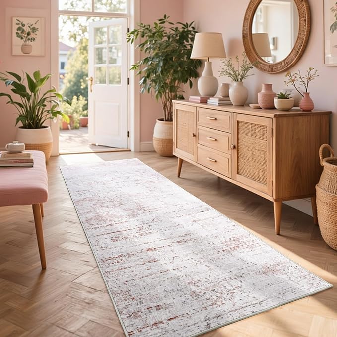 2x6 Ft Washable Runner Rug, Non-Slip Low Pile Hallway Kitchen Area Rug, Soft Abstract Long Entryway Floor Mat Print Pattern Carpet for Bedside & High-Traffic Areas (Pink)