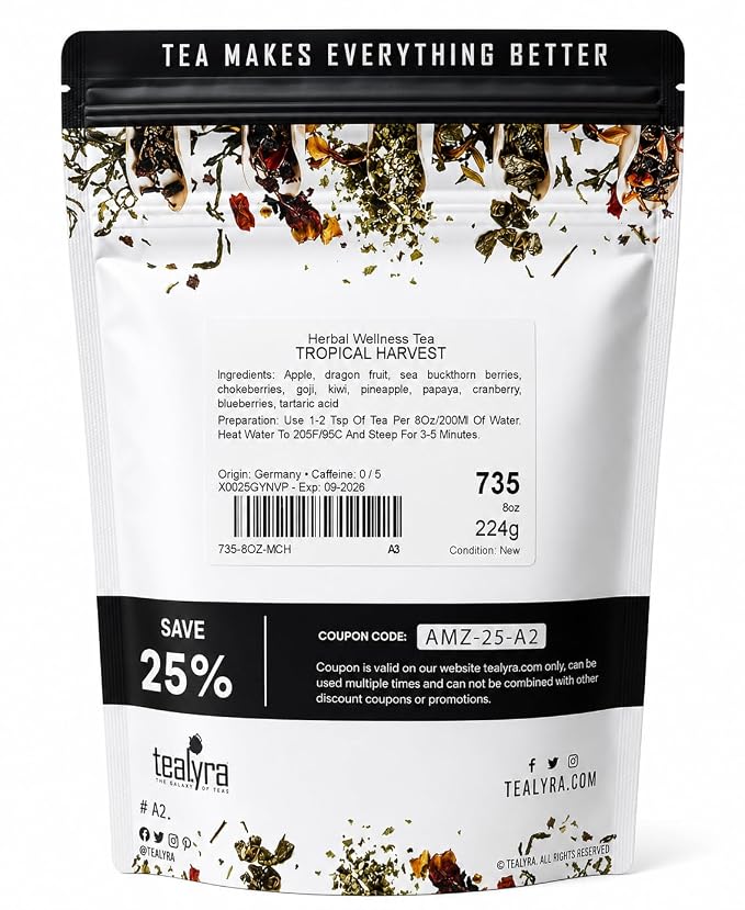 Tealyra - Tropical Harvest - Fruity Herbal Loose Leaf Tea - Dragon Fruit - Sea Buckthorn - Goji - Pineapple - Cranberry - Caffeine Free - Hot or Iced - 112g (4-ounce)