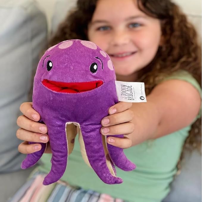 The Tooth Brigade Tooth Fairy Pillow | Stuffed Plush with Large Pocket Mouth for Lost Teeth, Treasures, Prizes - Fun and Interactive Plush, Perfect Kids, Boys, & Girls Gift (Bubbles Octopus)