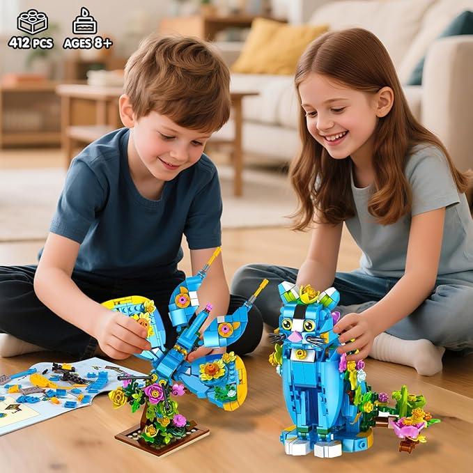 Flower Cat Building Set, 3 in 1 Floral Parrot Butterfly Animal Figure Building Toy for Home Office Art Decor, 412 PCS Building Block Gift for Adults Kids Boys Girls Ages 8 9 10 11 12+