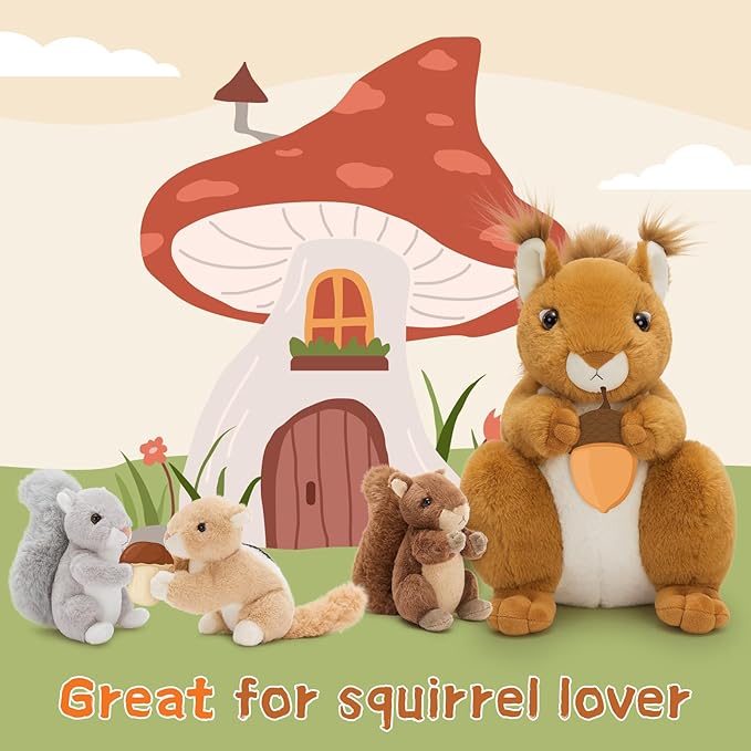 MaoGoLan 4Pcs Squirrels Plush Toys with 3 Baby Squirrels, Realistic Stuffed Animals for Small Hand, Adorable Squirrel Plushie Gift for Forest Animal Lover,Girls,Boys,Kids,Baby Shower,Brown