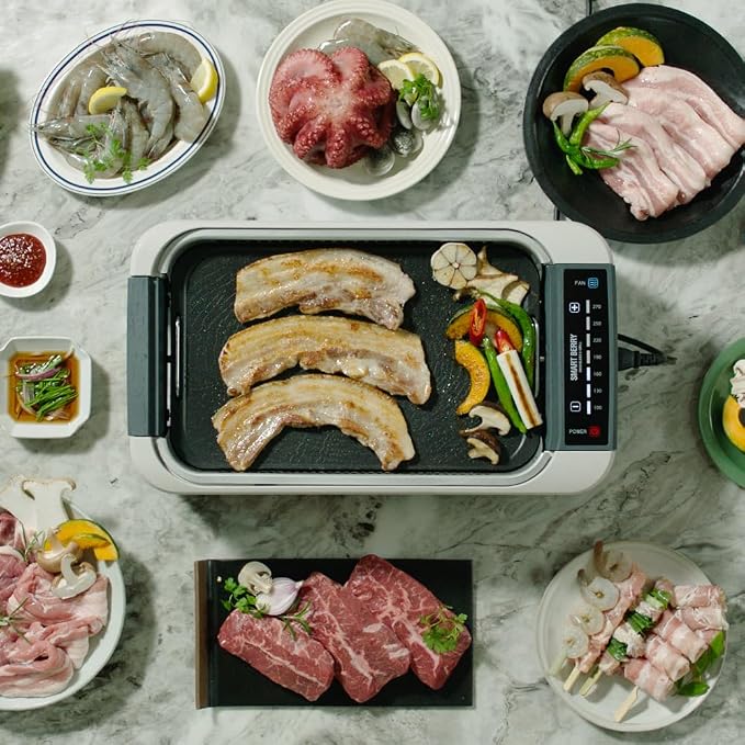 SMART BERRY 3 in 1 Smokeless Electric Indoor Grill, Nonstick Grill/Griddle Plates, Jjamjjapan, Glass Lid, Portable Korean BBQ Grill with 7-Level Control (Jjamjjapan set Black)