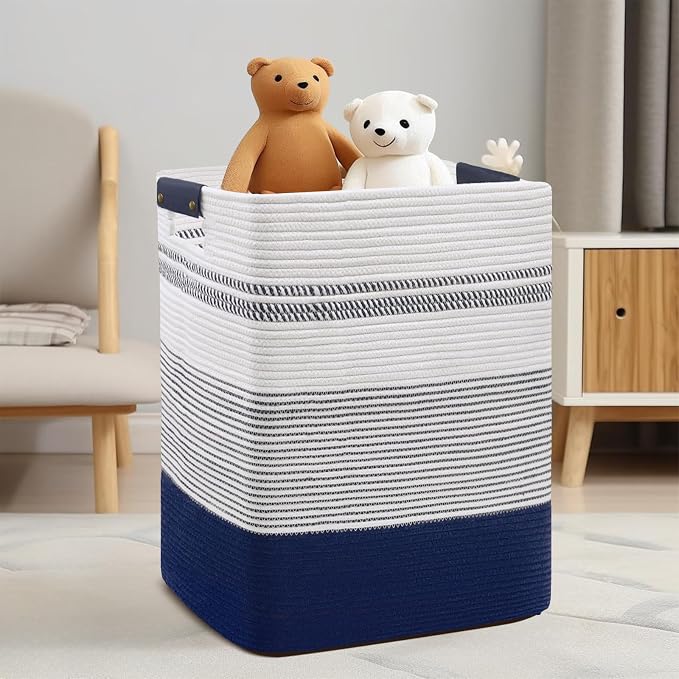 DOFASAYI Laundry Hamper, 85L Cotton Rope Laundry Basket, Dark Blue & White | Foldable nursery hamper with leather handles; store blankets, toys, baby clothes and laundry in bedroom or living room