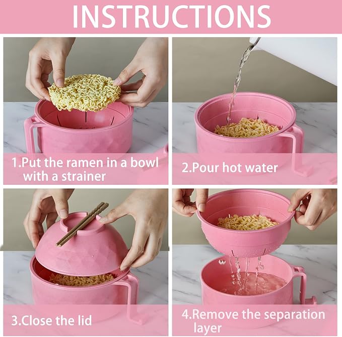 1 Set Microwave Ramen Cooker 40oz Wheat Straw Microwave Noodle Bowl Set with Chopsticks, Spoon, Fork, College Dorm Office Apartment Essentials (Pink)