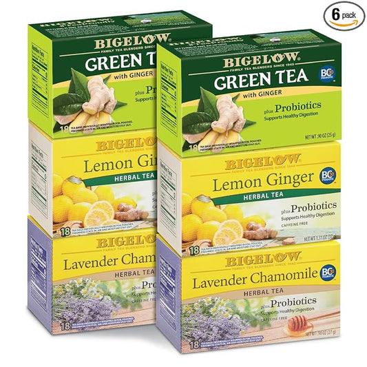 Bigelow Tea Probiotic 3 Flavor Tea Variety Pack, Caffeinated and Caffeine Free Green Tea Bags and Herbal Tea Bags, 18 Count Box (Pack of 6), 108 Total Tea Bags