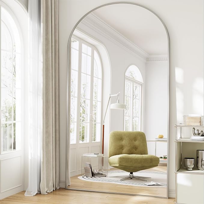 Oversized Full Length Mirror, 41"x81" Large Arched Floor Mirror Full Length with Stand, Room Decor Big Full Body Mirror with HD Tempered Glass Aluminum Frame for Bedroom Living Room, Silver