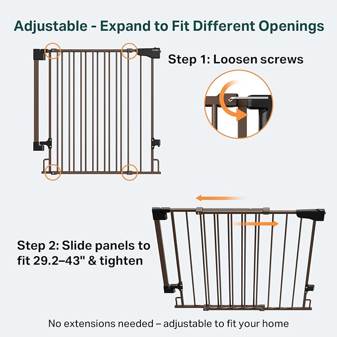 Cumbor 29.2–43" Baby Gate for Stairs, Hardware Mounted (Drill Required), Expandable No Bottom Bar Dog Gate, Auto Close Extra Wide Walk Thru, Pet & Toddler Proof Gate, Top & Bottom of Stairways (Brown)