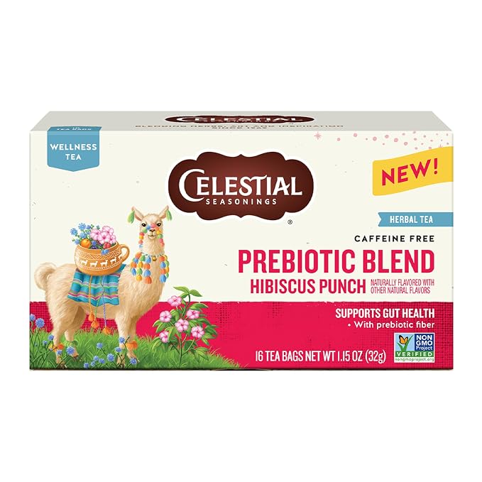 Celestial Seasonings Hibiscus Punch Prebiotic Blend Wellness Tea, Caffeine Free Herbal Tea for Gut Health & Digestive Support, 16 Tea Bags
