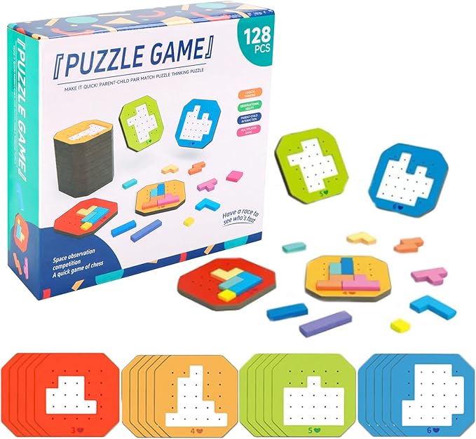 128Pcs Block Puzzle,Colorful Block Jigsaw Puzzle Game,3D Russian Bloc-k Tangram Puzzle,Brain Teaser Toys