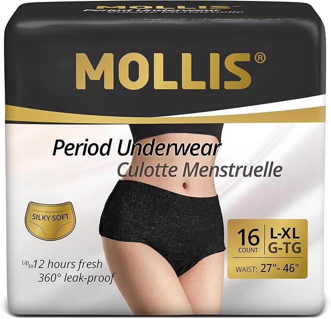MOLLIS Disposable Period Underwear for Women, Postpartum Panties, Maternity Knickers Heavy Flow Leak Proof, Unscented, Black, Large/X-Large, 16 Count