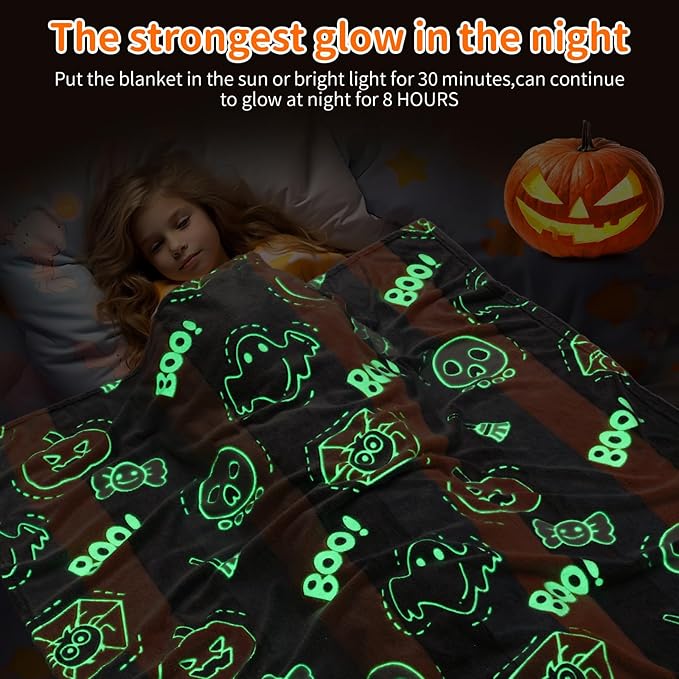 Glow in The Dark Halloween Blanket Gifts for Girls Boys, Soft Pumpkin Blanket 3 4 5 6 7 8 9 10 Year Old Girl Gifts, Girls Toys Age 6-8, Girls Gifts for Birthday, 50"x60"
