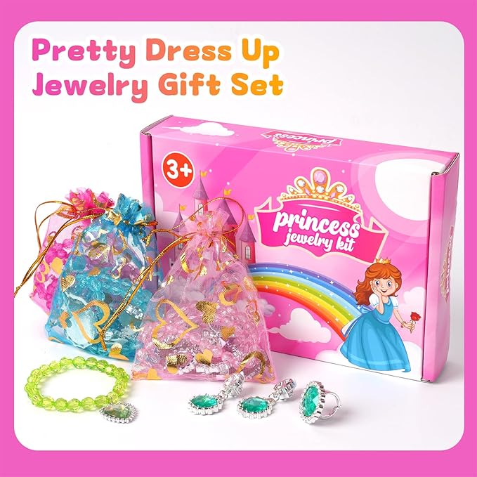Princess Jewelry Set for Little Girls with Necklace Bracelets Rings Earrings Birthday Gifts Party Favors Pretend Play Dress up Costume Friendship Jewelry for Toddler Girls
