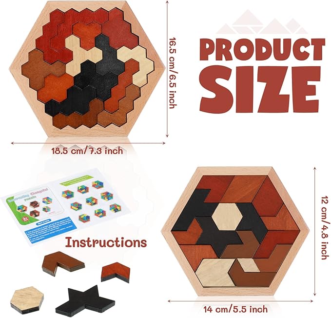 Yunsailing 3 Pack Hexagon Tangram Puzzle Wooden Brain Puzzles for Kid Adult Challenge Wood Russian Blocks Brain Teasers Toy Geometric Jigsaw Block Logic Iq Stem Toy for Family Party Gift(Vintage)