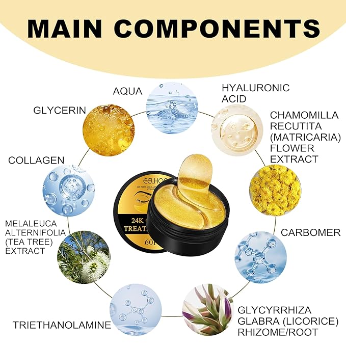 24K Gold Anti-Aging Eye Treatment Mask-Collagen Hyaluronic Acid Formula, Under Eye Patches for Dark Circles, Wrinkles, Puffiness