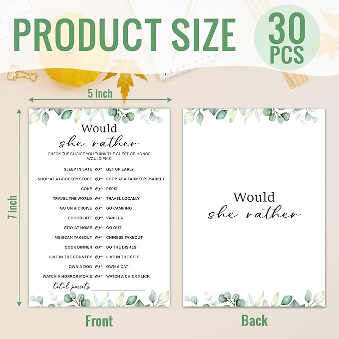30 Pcs Would She Rather Bridal Shower Game Wedding Shower Games, Bridal Shower Games 30 Guests for Engagement Wedding Party(Eucalyptus Botanical Style) -0012