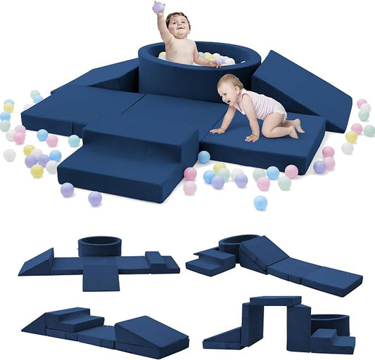 Elftopia Foam Climbing Blocks with Ball Pit & Stairs for Toddlers Aged 1-3 -Soft Playset for Indoor Crawling, Foam Playground Set for Baby to Active Playing Inside -(Balls NOT Included),Navy