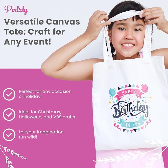 Podzly DIY Blank Canvas Tote Bags - Set of 12 Small 12" x 10" White Plain Totes for Crafting and Personalizing