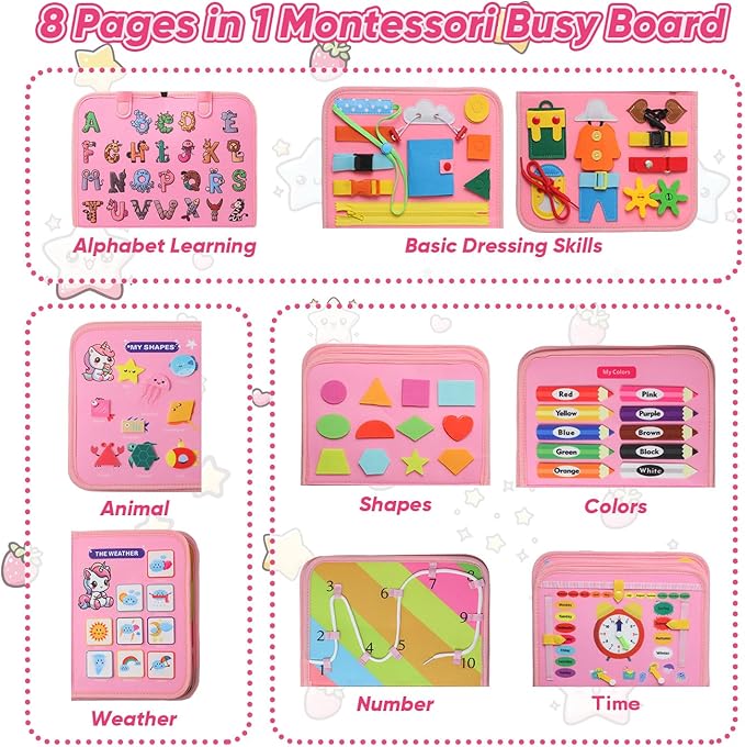 Busy Board Montessori Toys, Educational Activity Book Board Sensory Travel Toys for Toddler, 8 in 1 Preschool Learning Activities, Toddler Girl Airplane Car Travel Toy.
