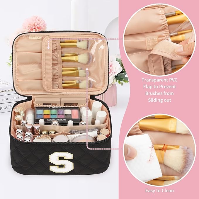 OCHEAL Makeup Bag Valentines Day Gifts for Women, Monogram Cosmetic Bag Black Travel Makeup Case Beauty Toiletry Bag Organizer Personalized Gifts for Girls Bridesmaid, Sister, Wife, Friends Initial S