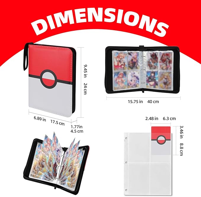 Collectible Trading Card Albums,4 Pocket Card Binder, 400 Double Sided Pocket,PU Premium Zip Trading Card Binder for TCG, MTG,Sports Cards (Red White)