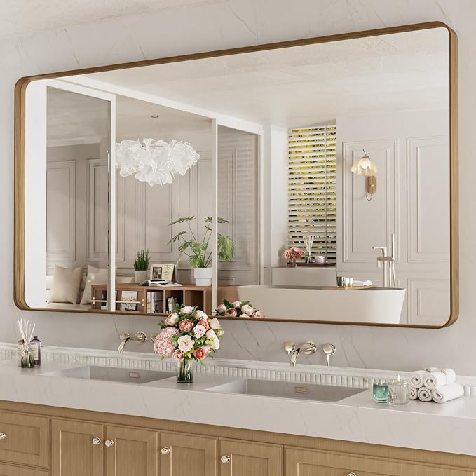 LOAAO 77X36 Inch Bathroom Mirror with Wood Grain Colored Metal Frame | Rounded Rectangle Metal Framed, Anti-Rust, Hangs Horizontally or Vertically, Tempered Glass