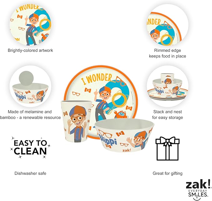 Zak Designs Blippi Kids Dinnerware Set 3 Pieces, Durable and Sustainable Melamine Bamboo Plate, Bowl, and Tumbler are Perfect For Dinner Time With Family (Blippi, TABBS)