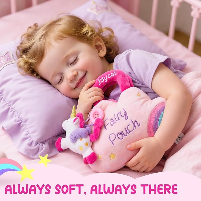 JoyCat Toys for Toddlers 1-3 Girls, My First Purse Baby Girl Unicorn Makeup Bag Set 5 PCS Plush Toy with Perfume, Lipstick, Palette, Star Key - 1 Year Old Girl Gifts, Christmas Stocking Stuffer