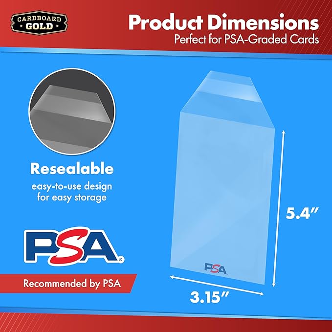 Cardboard Gold PSA Graded Card Sleeves – 50 Count with PSA Logo, Resealable Slabs Sleeve - Precise Fit Slab Protector for Grading Baseball Football Gaming Trading Sports Cards