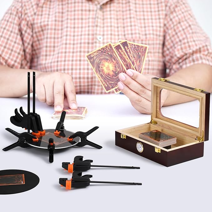 Didaey Card Flattening Kit Trading Card Flattening Tool Accessory Kit Included 1 Moisturizing Box 2 Acrylic Plates 4 Vices 4 Clamps 2 Indent Mats for Fix Bent Cards(Reddish-Brown,Wooden)