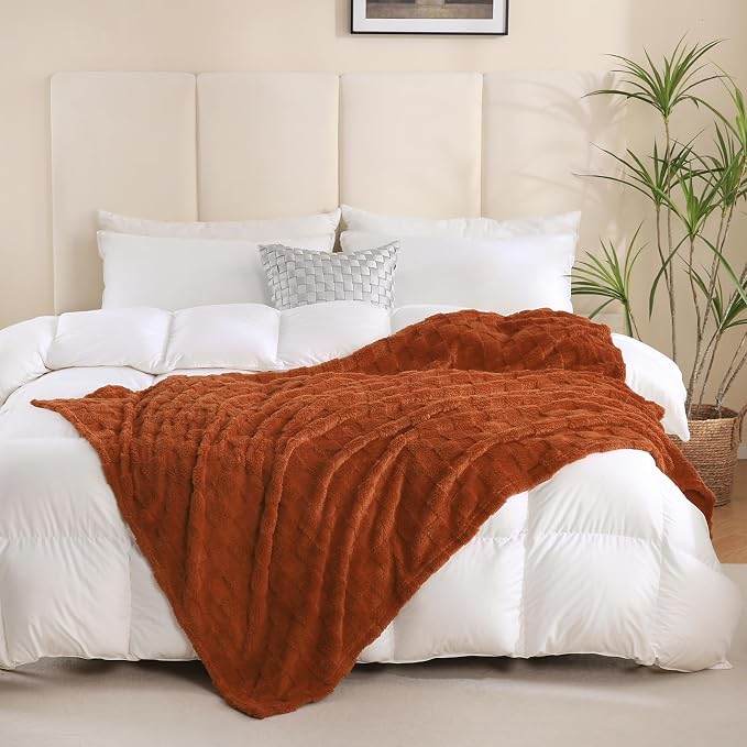 Burnt Orange Fleece Throw Blanket 50”×60”Checkered Design for Sofa | Super Soft Cozy Plush Microfiber 3D Square Pattern Flannel Blanket for Couch bed Lightweight for Adults,Women