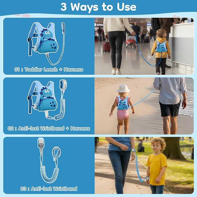 Dr.meter 3 in 1 Toddler Harness Leash + 8.2ft Anti Lost Wrist Link, Cute Dinosaur Kids Safety Harness with Key Lock, Child Walking Harness Assistant Strap for Outdoor Activity Travel