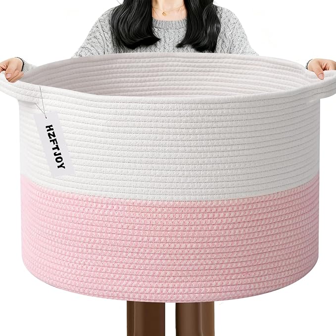 115L Extra Large Pink Woven Cotton Rope Basket with Handles | Kids Nursery Laundry Basket Hamper for Toys, Blankets, Pillows & Comforters, Cute Storage Bin for Bedroom & Playroom