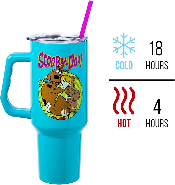 Silver Buffalo Scooby-Doo Featuring Scared Shaggy and Scooby Double Walled Stainless Steel Tumbler with Handle and Straw, Fits in Standard Cup Holder, 40 Ounces