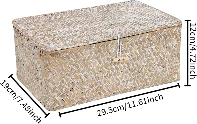 FEIALNDUO Wicker Shelf Baskets with Lid,Seagrass Storage Basket Bins Rectangular Handwoven Basket Boxes for Shelves Desktop Home Organizer (Whitewash, Medium)