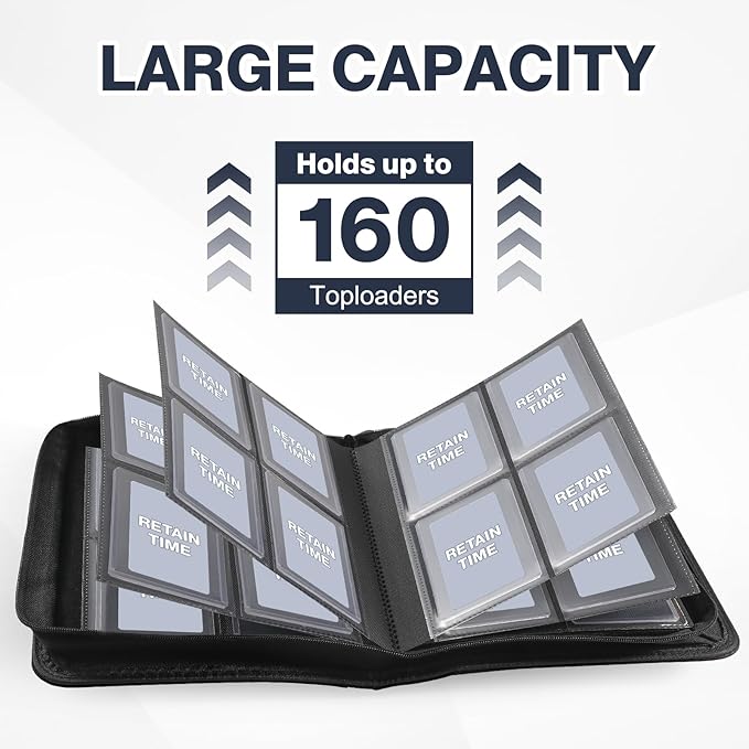 Toploader Binder, Holds 160 Toploaders, 100 Toploaders INCLUDED, 4-Pocket PU Cover Top Loader Binder for 3" x 4" Rigid Toploader, Ringless Double-Sided Toploader Card Binder for TCG, Sport Cards