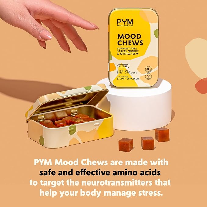 PYM Citrus Mood Chews Support for Stress, Worry & Overwhelm, 120 Count | 130mg GABA, 90mg L-Theanine | Vegan, Non-GMO, Gluten-Free, No Added Sugar | All-Natural Mood Support Supplement Made in USA