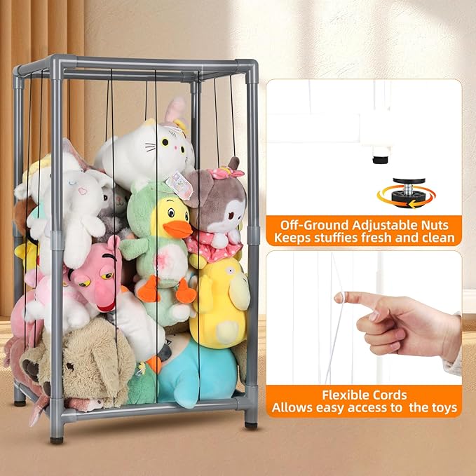 Stuffed Animal Storage Zoo Stuffed Animal Holder,Off-Ground and Space Save Vertical Stuffed Animals Organizer PVC with Elastic for Bedroom Playroom Nursery (Greyish Black, Small)
