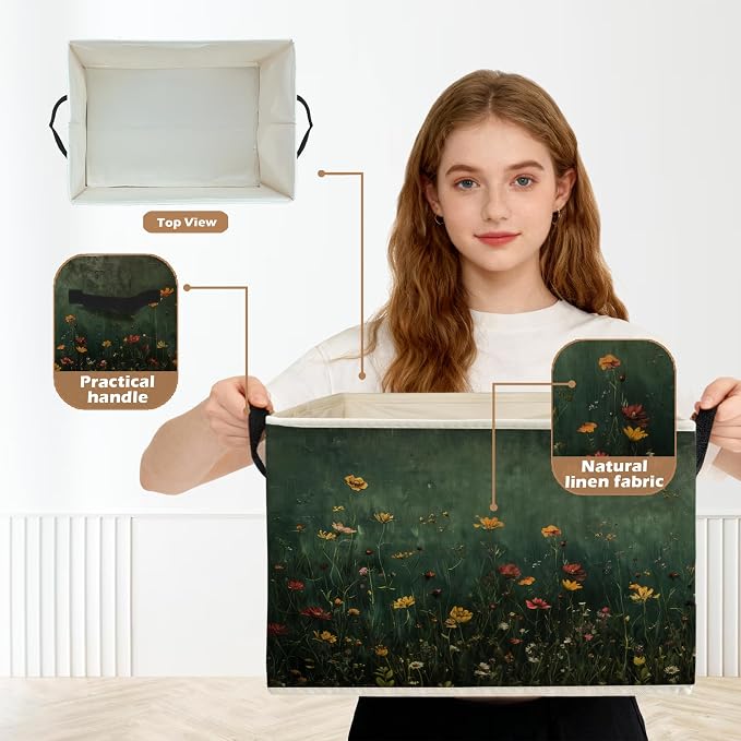 Dark Green Wildflower Storage Box Bins, Dark Cottagecore Floral Botanical Collapsible Storage Basket Organizer for Bedroom Laundry Room Home Clothes Books, Decor for Room