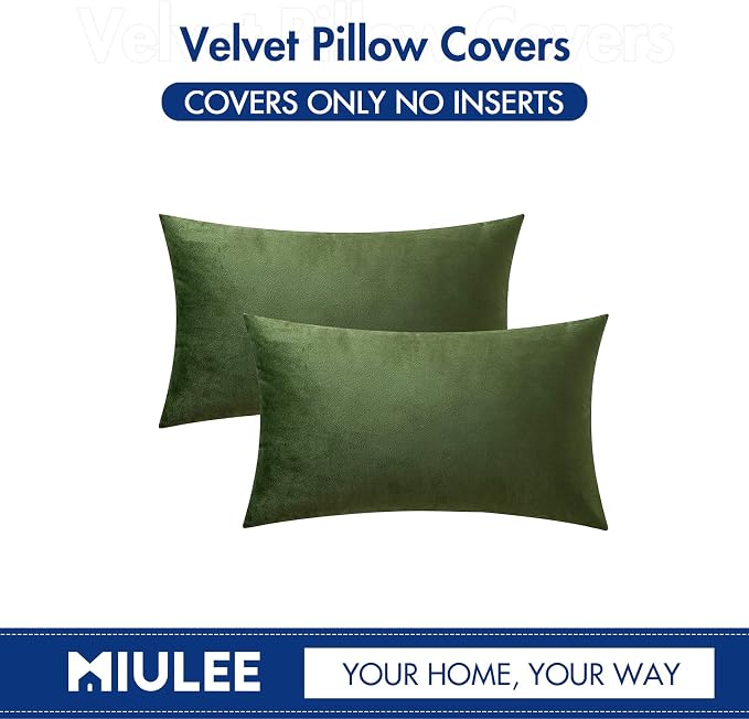 MIULEE 12x20 Inch Lumbar Velvet Throw Pillow Covers Moss Green | Pack of 2 Soft Solid Decorative Pillow Covers, Modern Luxury Home Decor, for Chair Couch Sofa Bedroom Livingroom