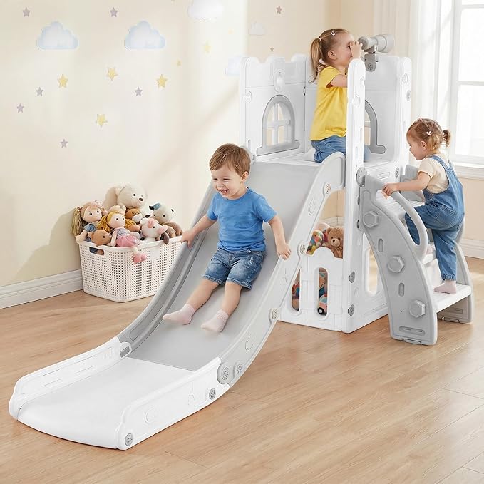 OLAKIDS Toddler Slide, 6 in 1 Kids Indoor Outdoor Playground with Climber Basketball Hoop Telescope Toy Storage for Boys Girls Aged 1+ (Grey, 27'')