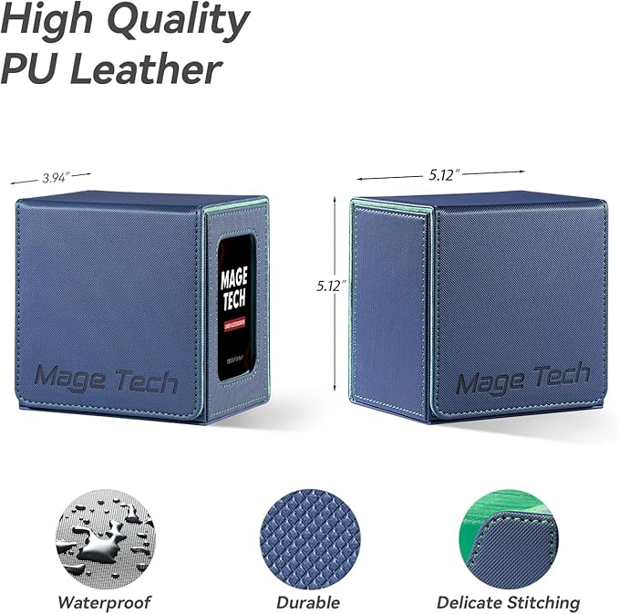 Mage Tech Card Deck Box for MTG Commander - Patented Design, Commander Display, Fits 100 Double-Sleeved Cards, 35pt Card Brick & Dice Tray - Blue/Green